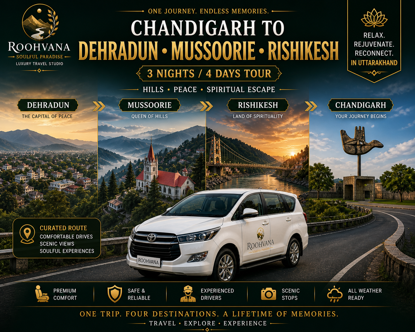 CHANDIGARH  – DEHRADUN – MUSSOORIE – RISHIKESH TOUR (3N/4D)